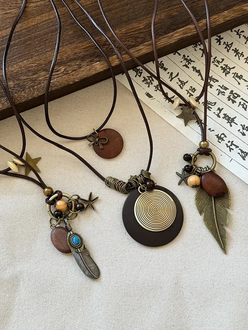 FBA Star Feather Leather Pendant Necklace | Retro Art Jewelry