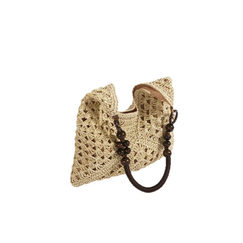 Boho Crochet Straw Tote Bag – Hollow-Out Woven Beach Shoulder Bag for Women