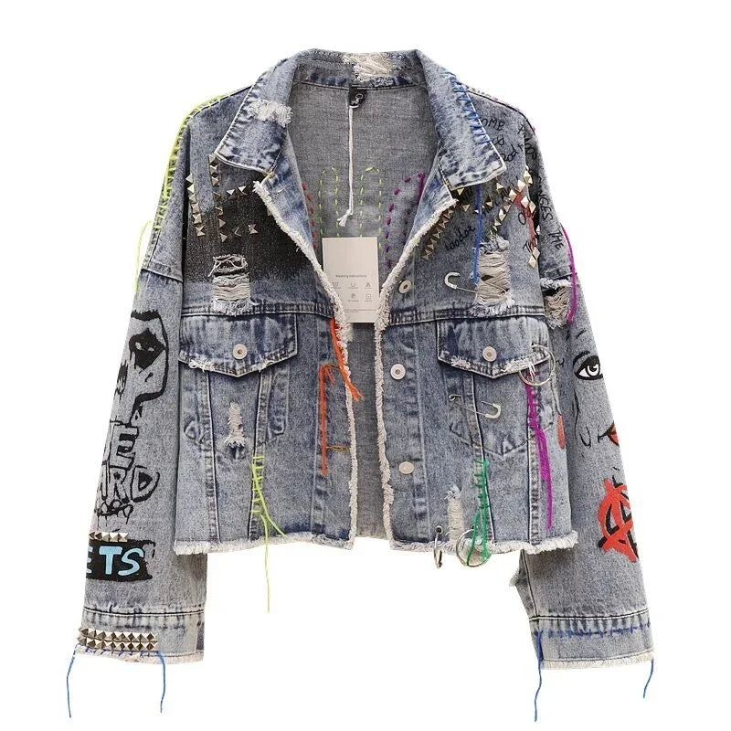 Women's Graffiti Frayed Raw Cut Denim Jacket – Short Rivet Fringe Jean Coat | Blue | S–XL | FBA Vibes