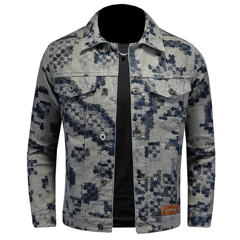 Men's Retro Jacquard Denim Jacket – Hip Hop Cowboy Streetwear Coat | Dark Grey | M–4XL | FBA Vibes