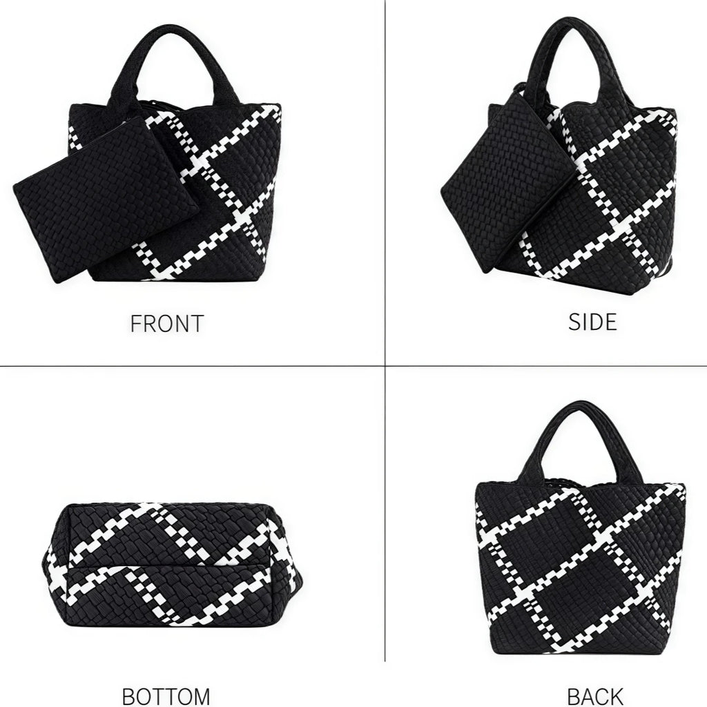 Neoprene Woven Tote Bag for Women – Waterproof Extra Large Beach Handbag & Retro Travel Shoulder Bag Set with Zipper Purse