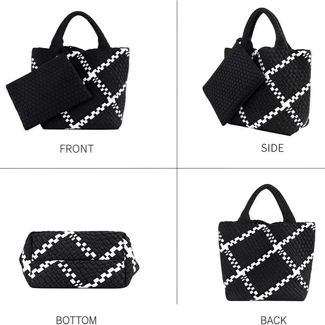 Neoprene Woven Tote Bag for Women – Waterproof Extra Large Beach Handbag & Retro Travel Shoulder Bag Set with Zipper Purse
