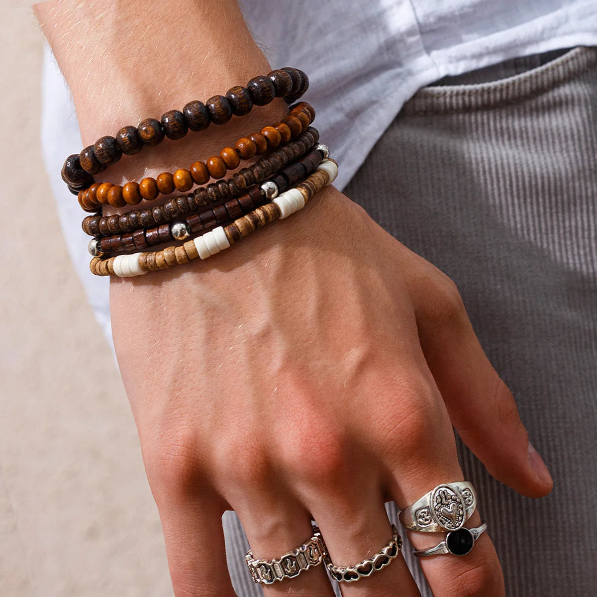 FBA 5-Piece Natural Stone Stacked Bracelet Set | Hip Hop Men's Jewelry
