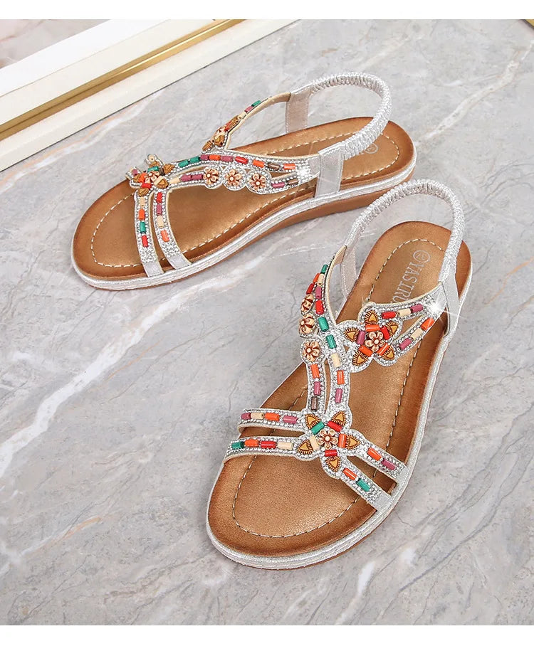 FBA Women's Rhinestone Bohemian Hollow Flat Sandals | Summer Casual Shoes