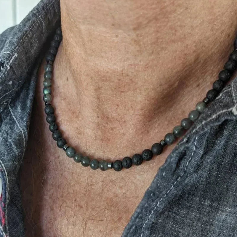 FBA Black Lava & Labradorite Beaded Choker | Men's Jewelry