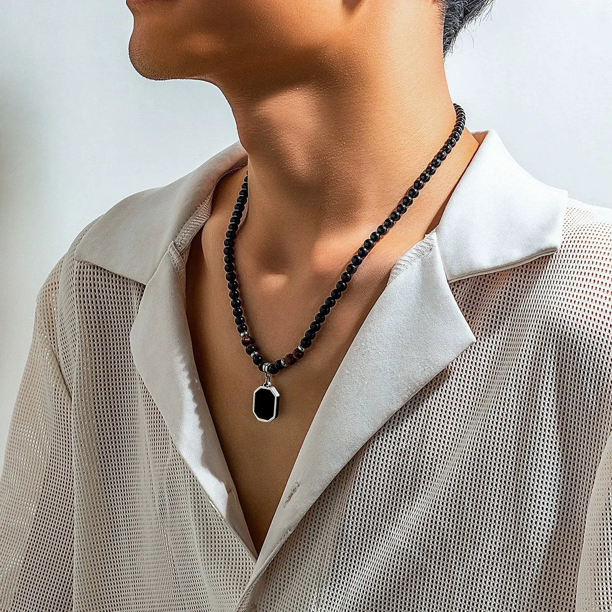 FBA Black Beads Square Pendant Necklace for Men | Fashion Jewelry