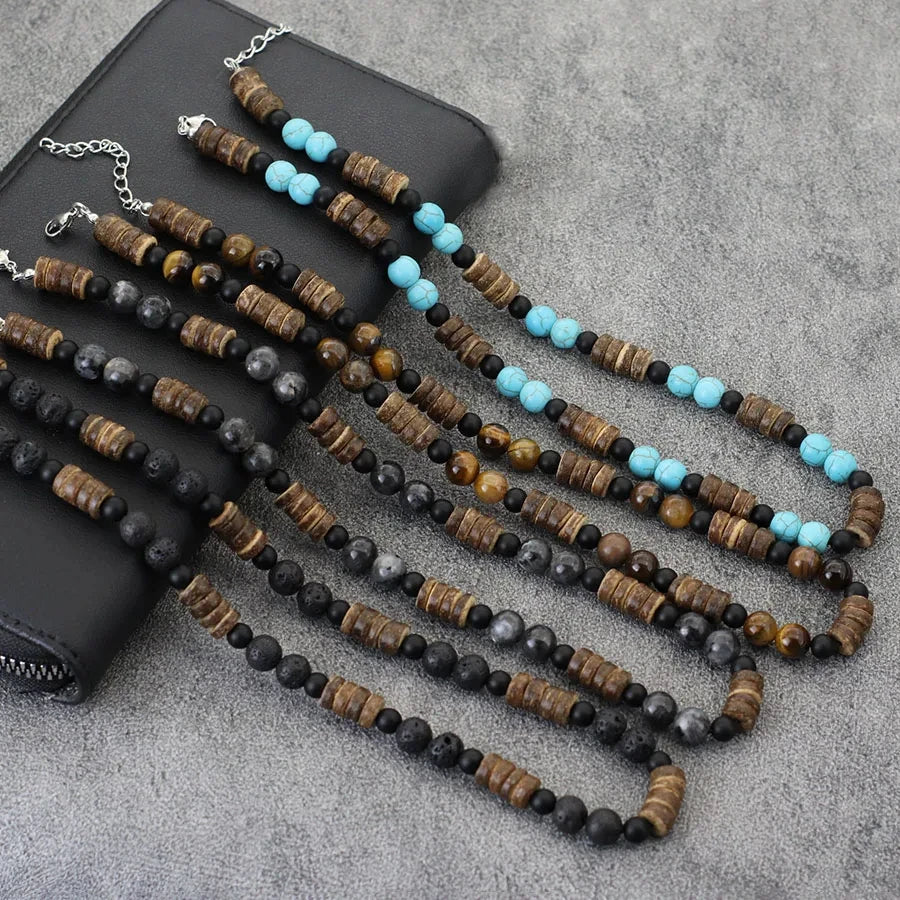 FBA Coconut Shell Lava Beaded Necklace for Men | Boho Wood Jewelry