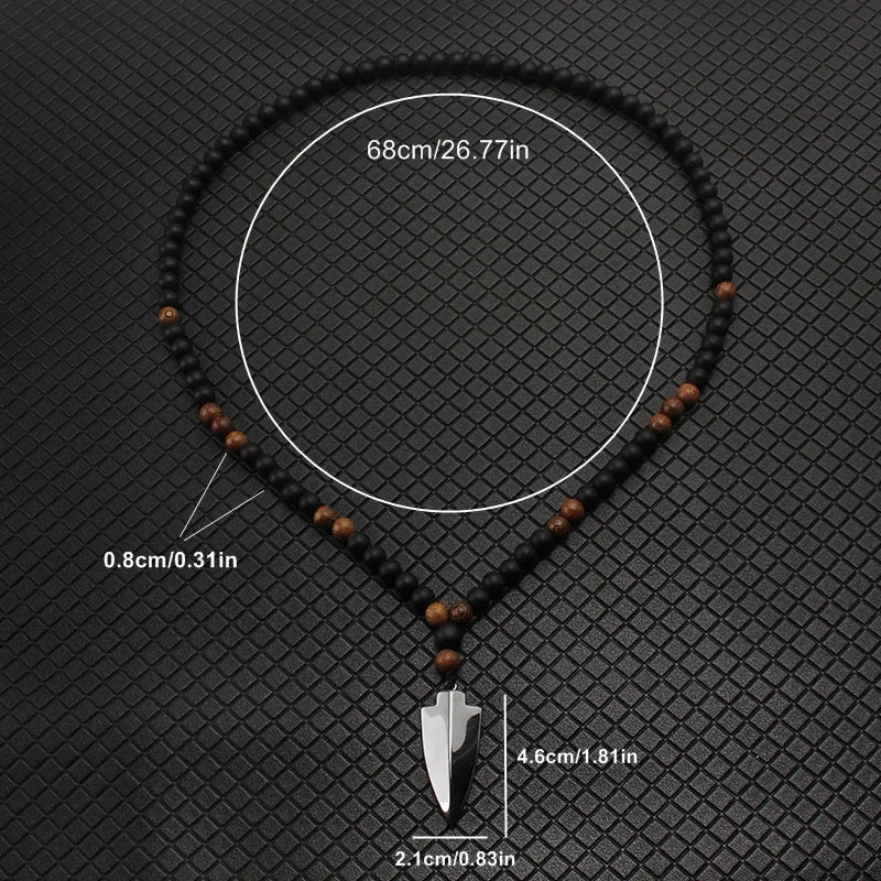 FBA 8mm Matte Black Wood Hematite Arrow Pendant Necklace | Unisex Boho Jewelry