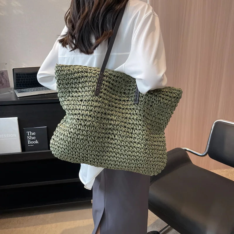 Casual Straw Woven Bucket Tote Bag – Large Capacity Beach & Shopping Handbag for Women