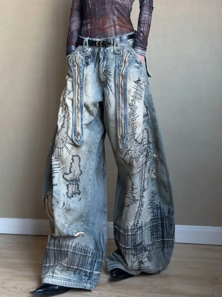 Women's American Retro Distressed Wide-Leg Jeans – High Street Loose Printed Denim Pants | Blue | S–XXXL | FBA Vibes