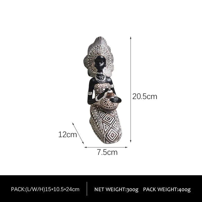 African Woman Resin Statue | Tribal Lady Figurine in Black & Gold for Living Room & Home Decor