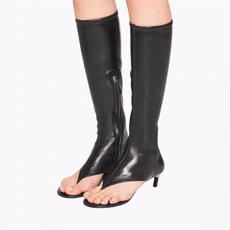 Women's Open Toe Knee-High Boot — Kitten Heel, Multi-Finish