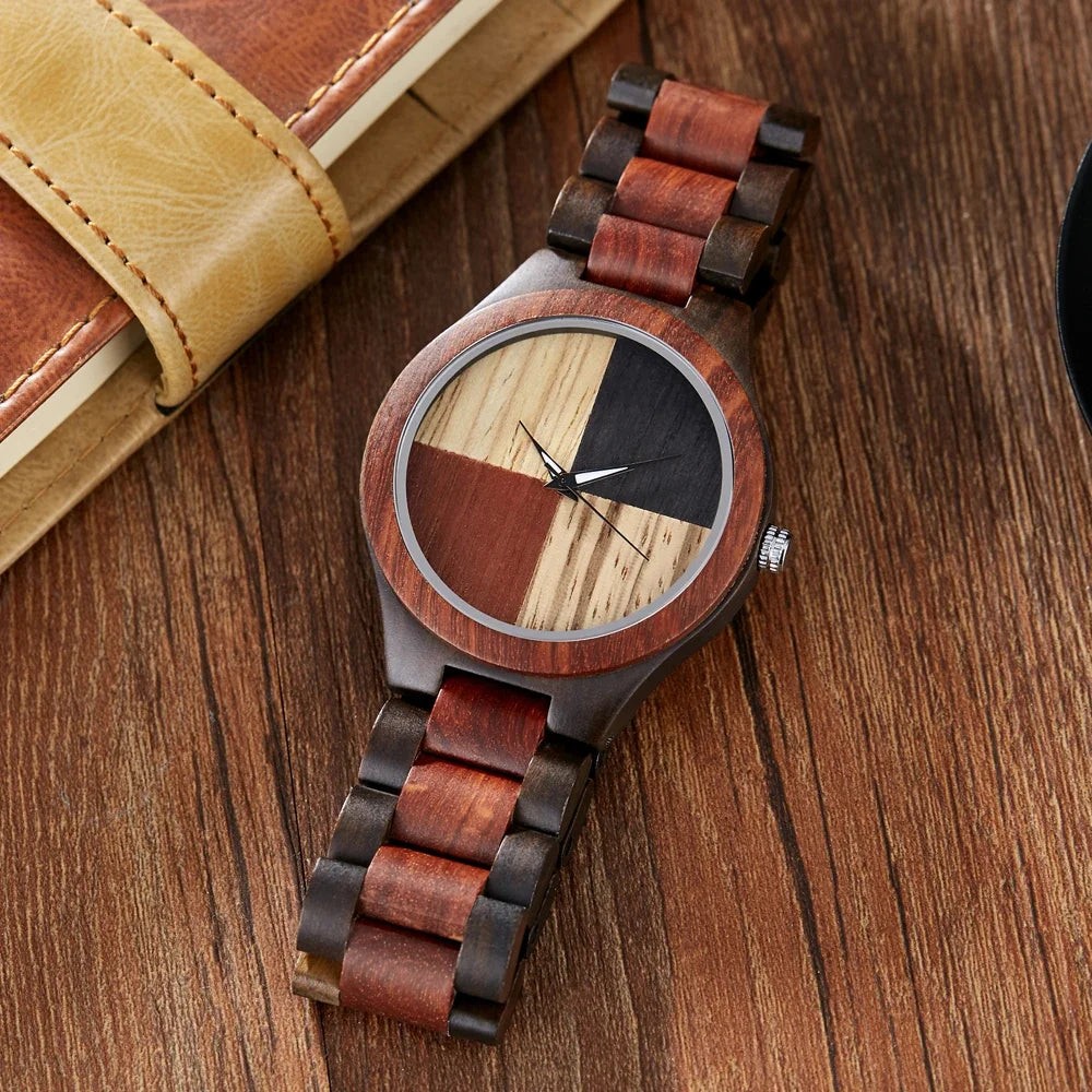 FBA Men's Double Color Plaid Wood Watch | Business Casual Wooden Wristwatch