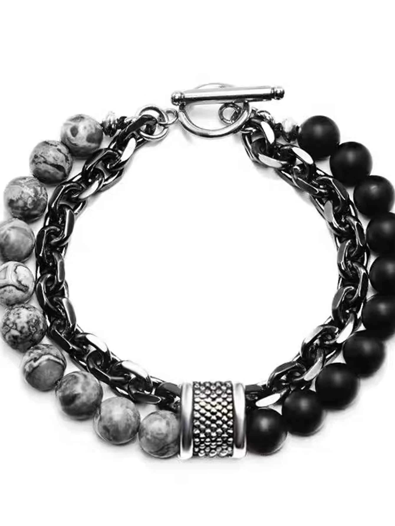 FBA Punk Black Beads Natural Stone Double Bracelet | Men's Jewelry