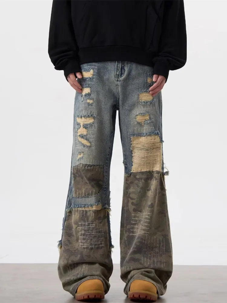 Men's American Retro Y2K Camouflage Patchwork Baggy Ripped Straight Leg Jeans – Vintage Blue Streetwear Denim | S–3XL | FBA Vibes