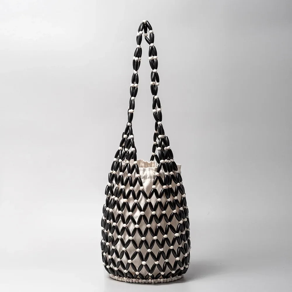 Hollow-Out Wooden Bead Woven Bucket Tote Bag – Summer Beach Shoulder Handbag for Women