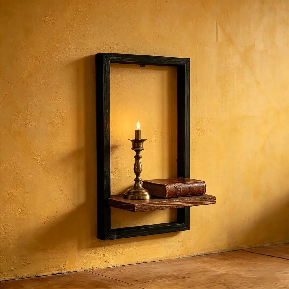 Black Frame Wooden Floating Wall Shelf | Rectangle Display Rack for Candles, Plants & Photos