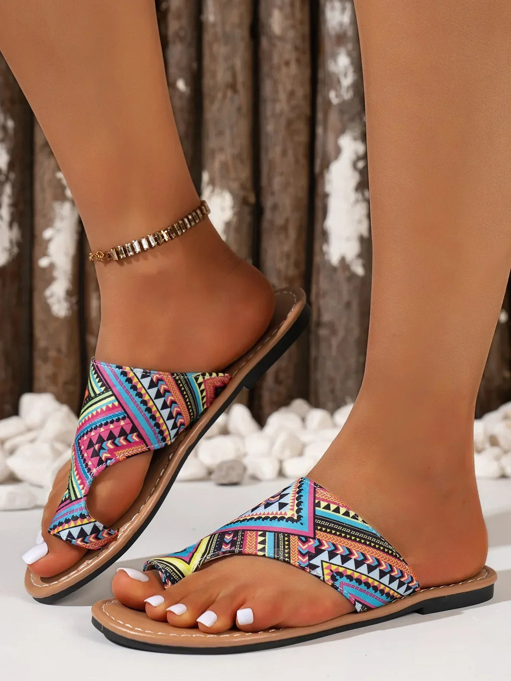 FBA Women's Ethnic Flip-Toe Flat Slippers | Lightweight Beach Shoes