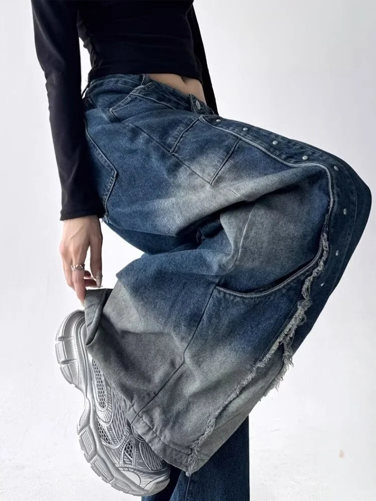 Women's American Retro Y2K Patchwork Wide-Leg Jeans – Baggy Stacked Denim Trousers | Vintage Black & Blue | S–XXXL | FBA Vibes
