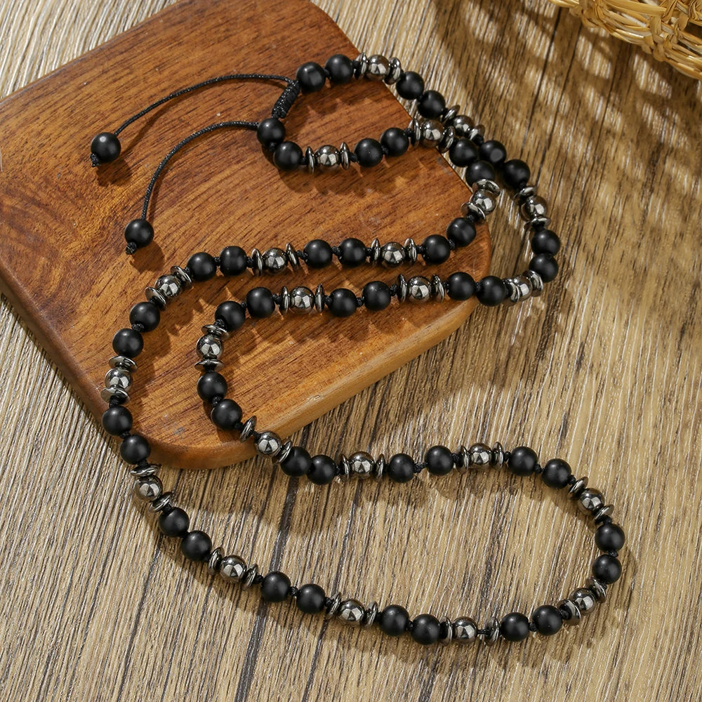 FBA Frosted Stone Hematite Beaded Pendant Necklace | Men's Ethnic Jewelry