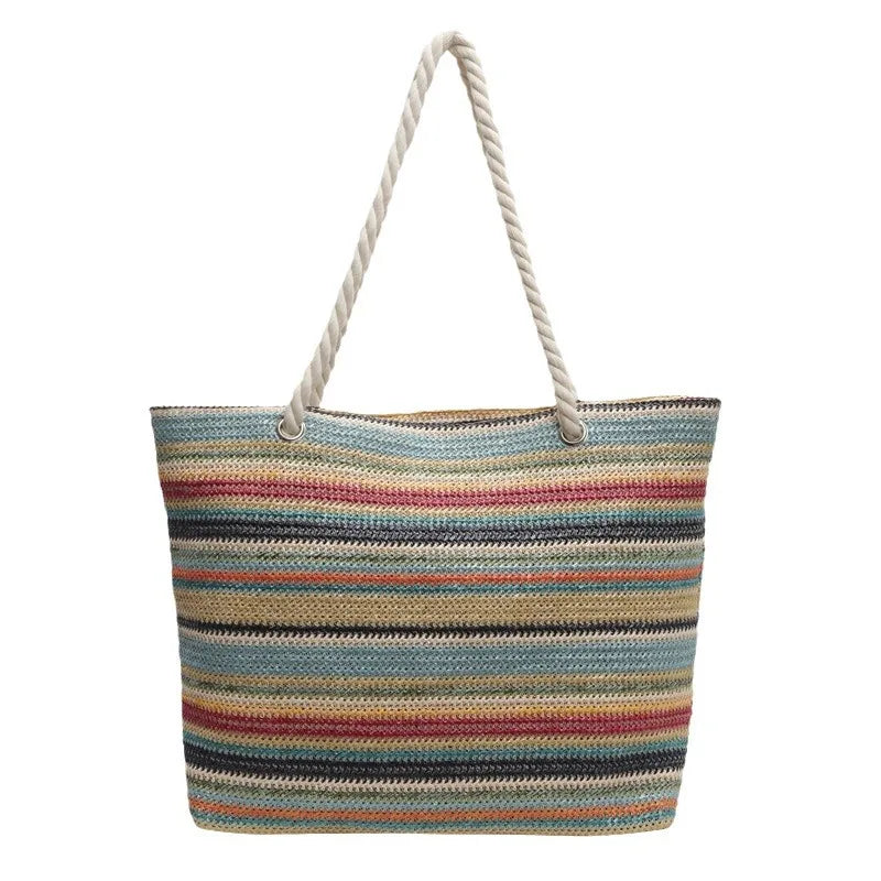 Ethnic Style Grass Woven Tote Bag for Women – Large Capacity Summer Beach Shopping Shoulder Bag