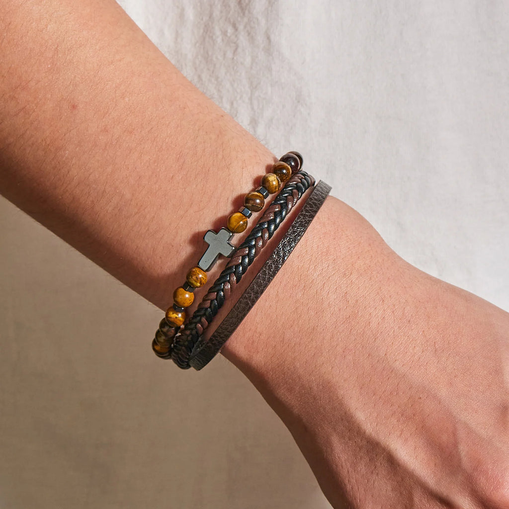 FBA Prayer Rosary Cross Natural Stone Leather Bracelet | Yoga Meditation Jewelry