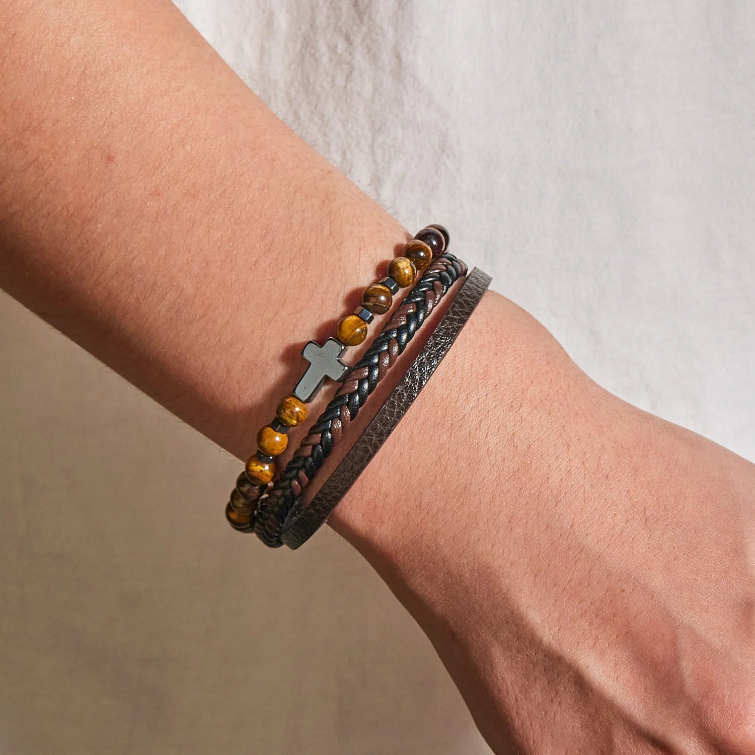 FBA Prayer Rosary Cross Natural Stone Leather Bracelet | Yoga Meditation Jewelry