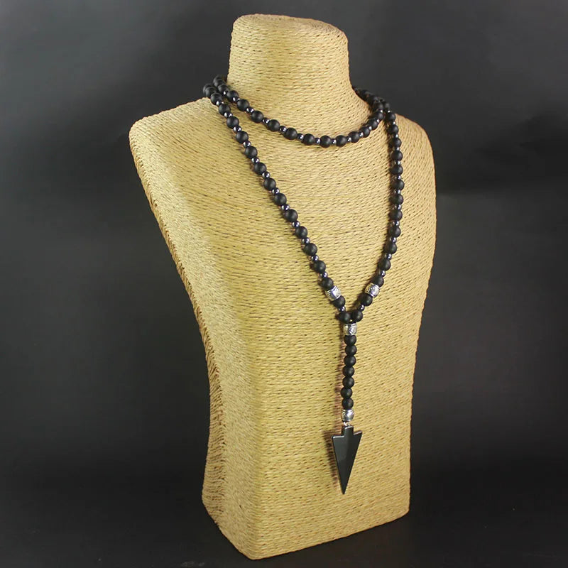 FBA Arrow Necklace Matte Black Agate Hematite Beaded | Minimalist Unisex Jewelry