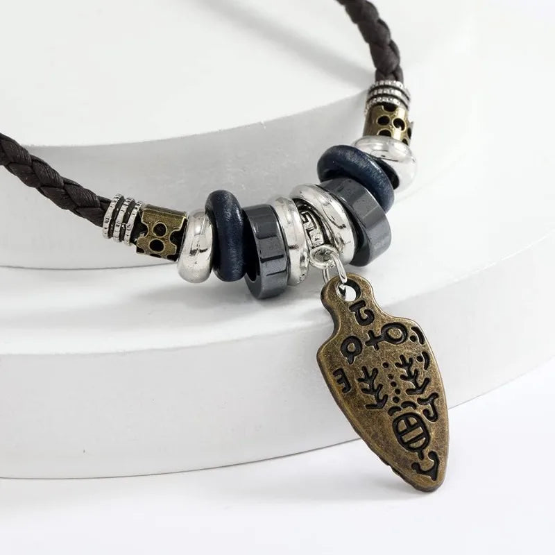 FBA Boho Braided Leather Beaded Necklace | Tribal Charm Pendant Jewelry