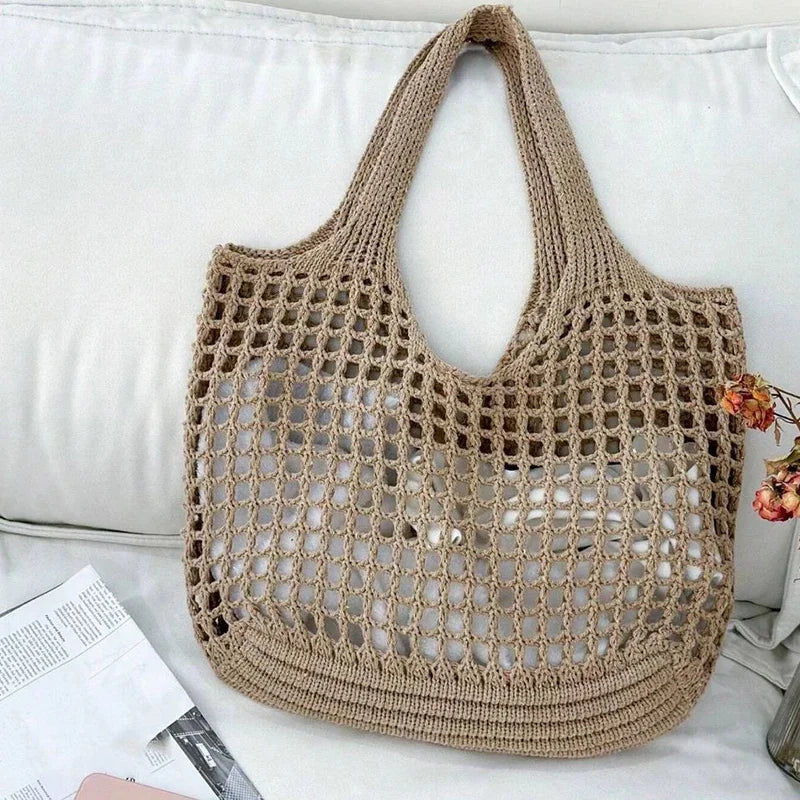 Fashion Crochet Raffia Tote Bag for Women – Boho Woven Knit Straw Beach Shoulder Bag
