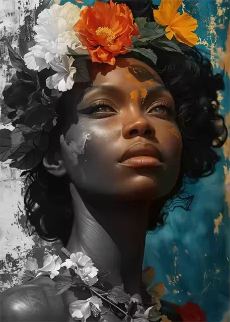Black Woman Abstract Floral Portrait Canvas Print | Colorful Wall Art for Living Room