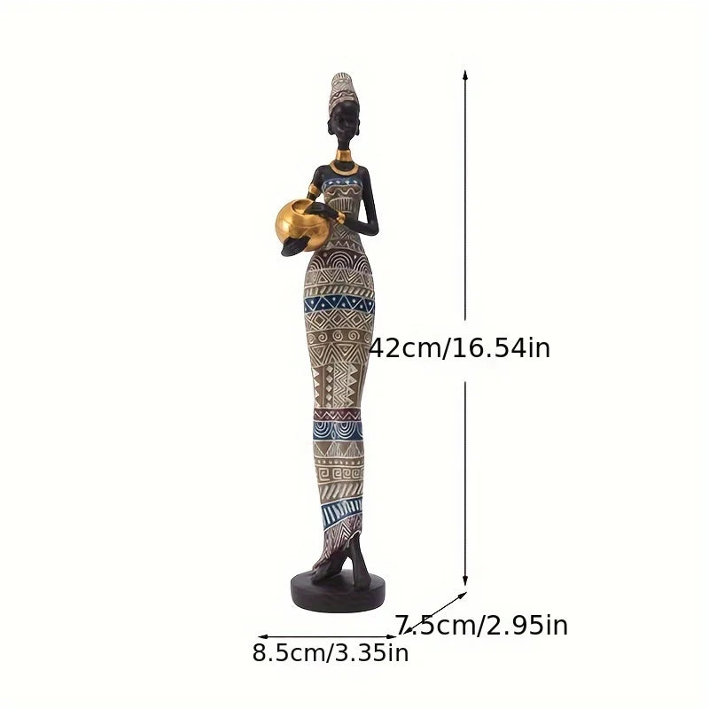 Retro African Women Holding Pottery Pot Resin Figurine | Painted Statue for Home, Bedroom & Desktop Decor