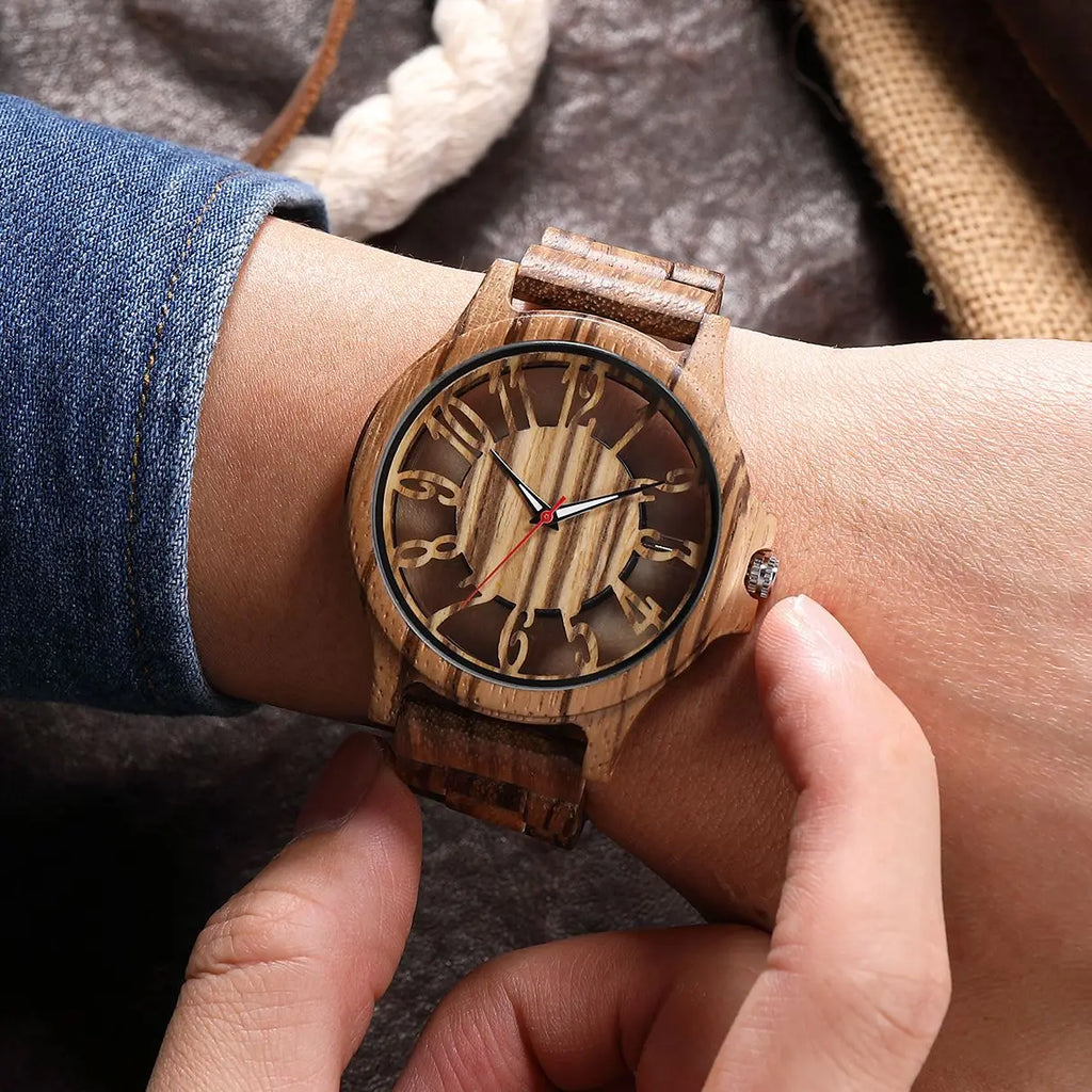 FBA Unisex Hollow Style Wood Watch | Big Dial Quartz Wooden Wristwatch
