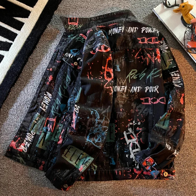 Men's Hip Hop Letter Graffiti Denim Jacket – Korean Slim Punk Unisex Jean Coat | Red & Black | S–XXXL | FBA Vibes