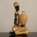 African Lady Resin Figurine | Woven Texture Sculpture in Black & Gold for Living Room & Office Decor