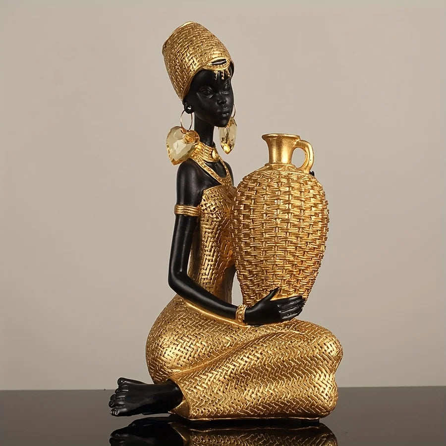 African Lady Resin Figurine | Woven Texture Sculpture in Black & Gold for Living Room & Office Decor