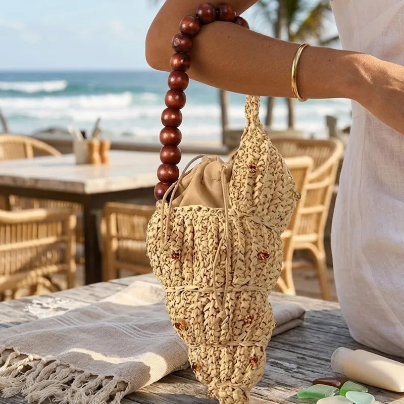 Straw Woven Bag with Wooden Bead Handle – Boho Beach Tote Shoulder Purse for Women