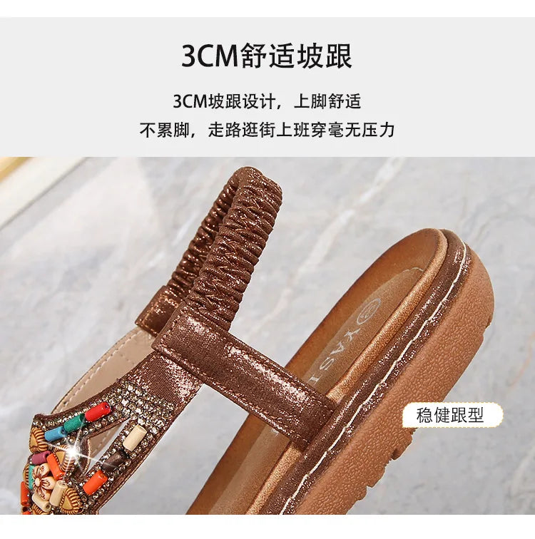 FBA Women's Rhinestone Bohemian Hollow Flat Sandals | Summer Casual Shoes