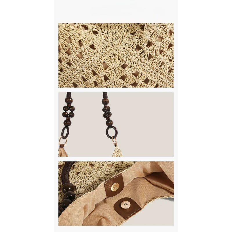 Boho Crochet Straw Tote Bag – Hollow-Out Woven Beach Shoulder Bag for Women