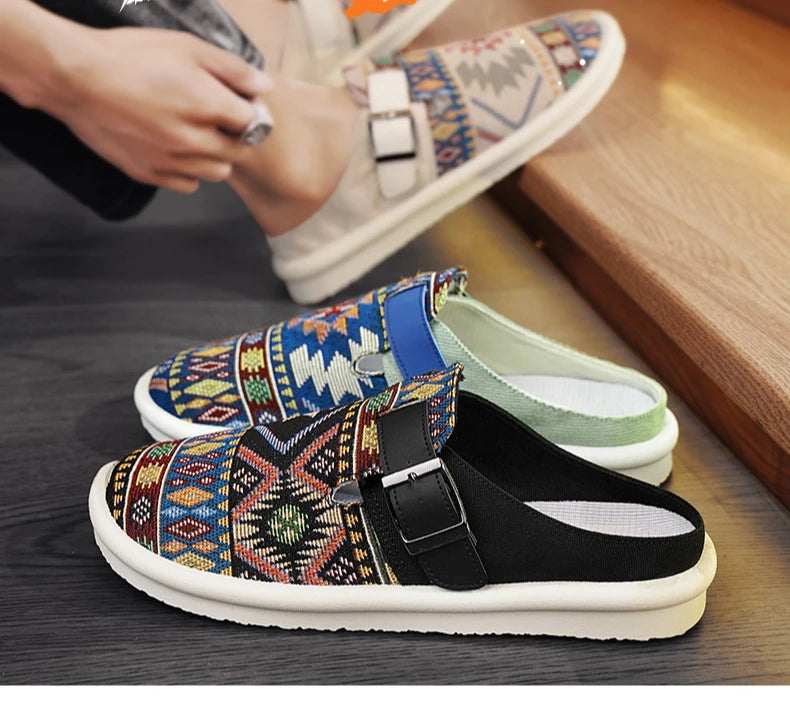 FBA Women's Ethnic Embroidered Linen Slippers | Handmade Comfort Sandals