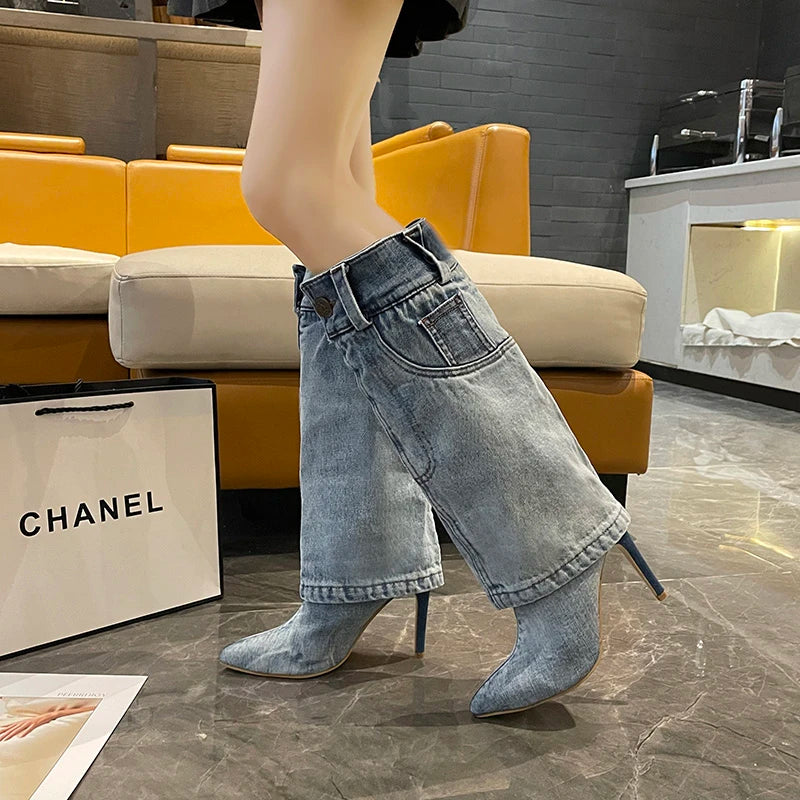 Women's Retro Blue Denim Mid-Calf Boot with High Square Heel