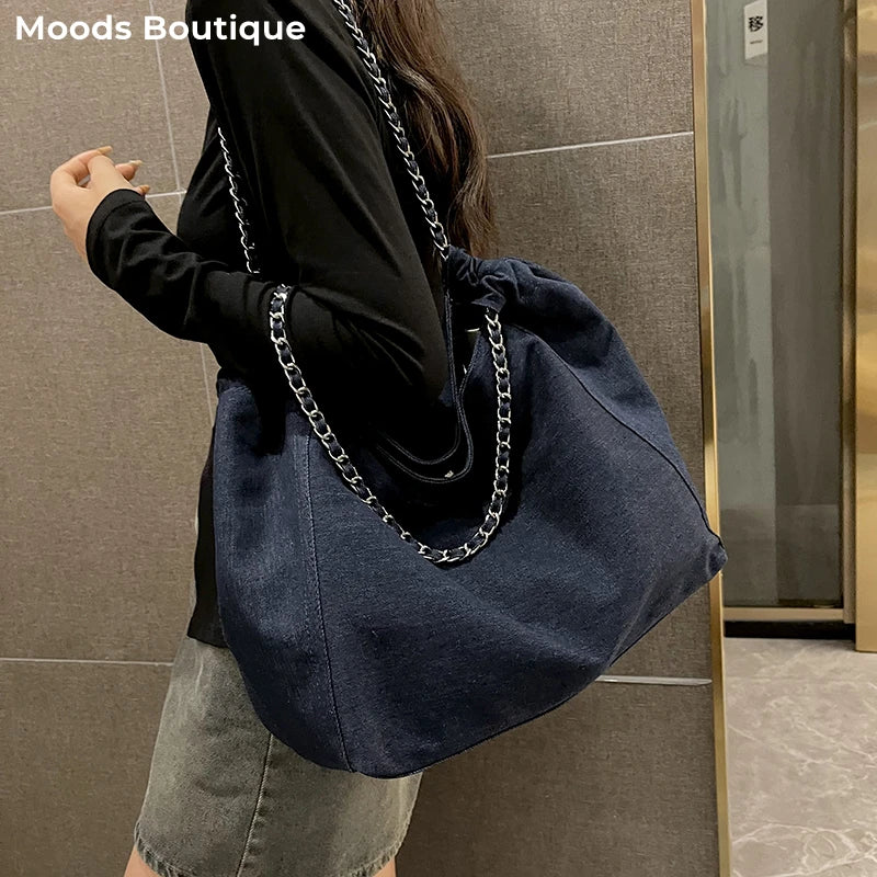 Big Chain Denim Shoulder Tote Bag for Women – Large Capacity Luxury Shopper