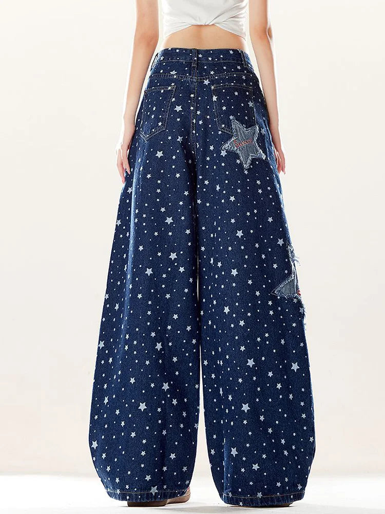 Women's American Hip Hop Stars Print High Waist Wide-Leg Jeans – Y2K Harajuku Vintage Streetwear Denim | Blue | S–XXL | FBA Vibes