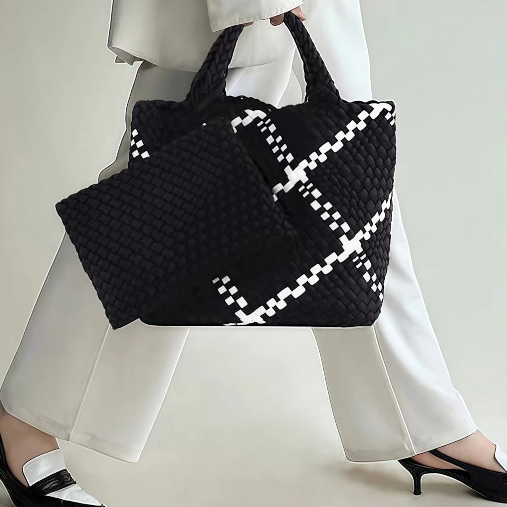 Neoprene Woven Tote Bag for Women – Waterproof Extra Large Beach Handbag & Retro Travel Shoulder Bag Set with Zipper Purse