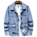 Men's Cargo Denim Jacket – Korean Style Patchwork Jean Coat | Blue & Black | M–5XL | FBA Vibes