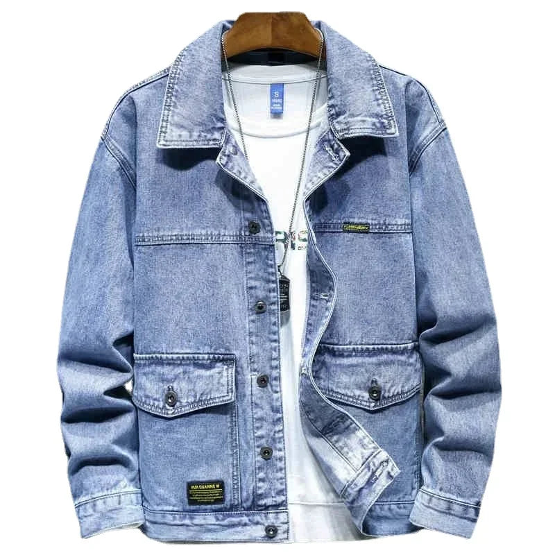 Men's Cargo Denim Jacket – Korean Style Patchwork Jean Coat | Blue & Black | M–5XL | FBA Vibes