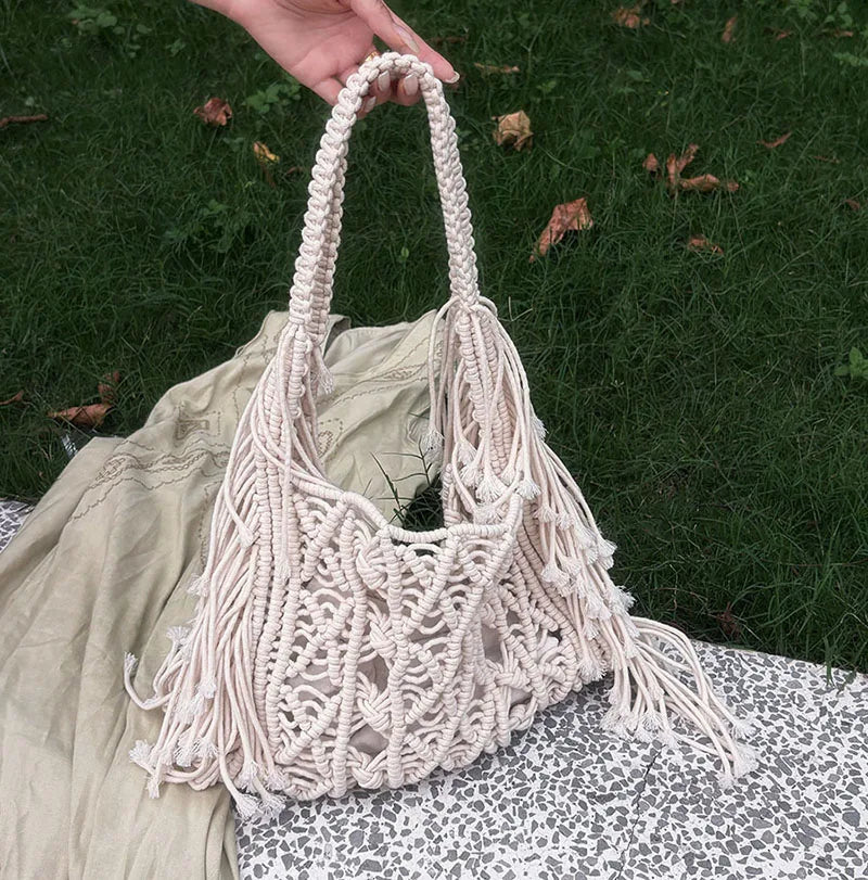 Bohemian Handmade Woven Hollow Tote Beach Bag – Linen Shoulder & Travel Bag for Women