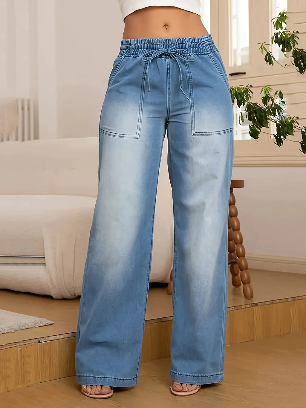 Women's American Retro Casual Loose Fit Drawstring Ankle-Length Jeans – Double Pocket Cotton Denim | Multiple Colors | S–3XL | FBA Vibes