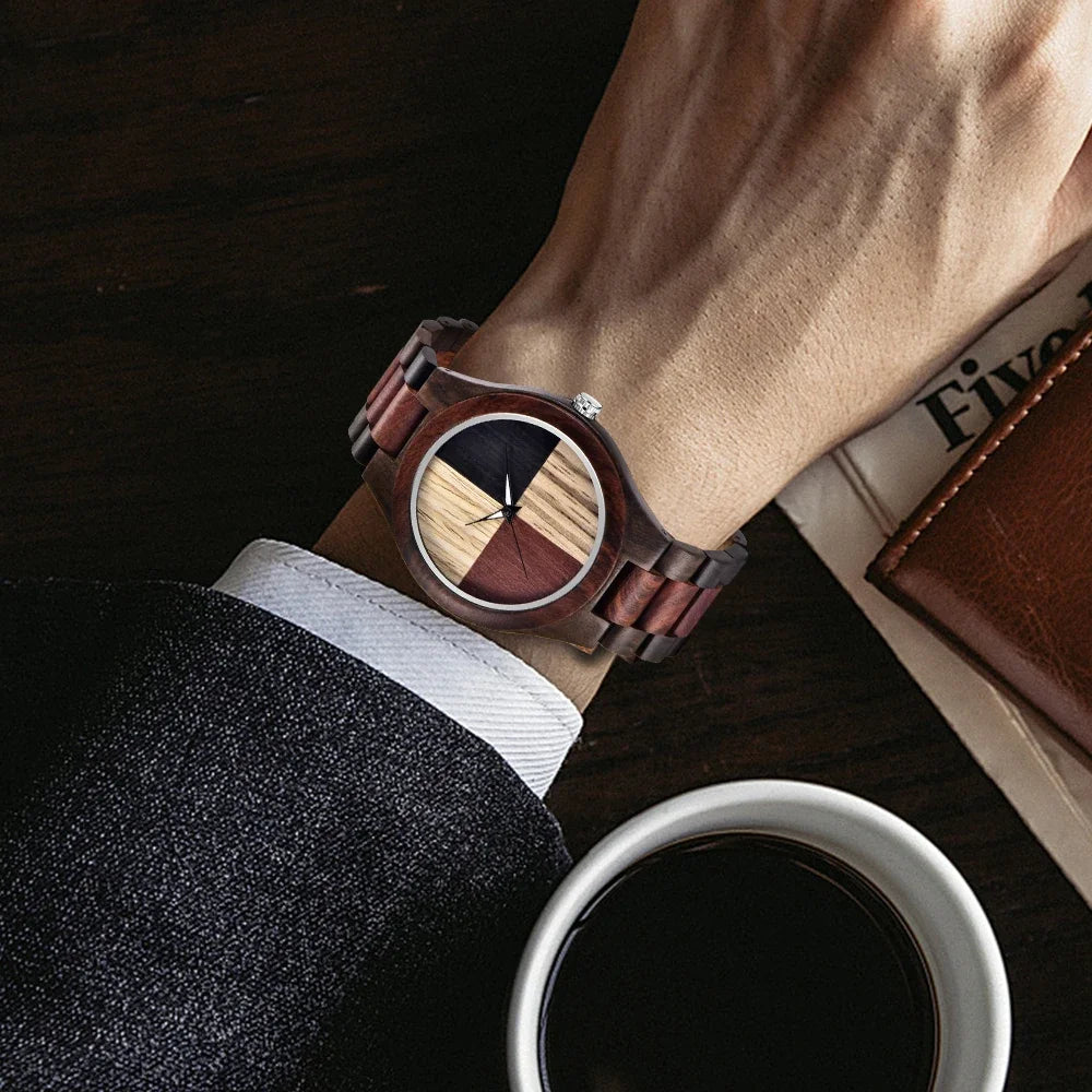 FBA Men's Double Color Plaid Wood Watch | Business Casual Wooden Wristwatch