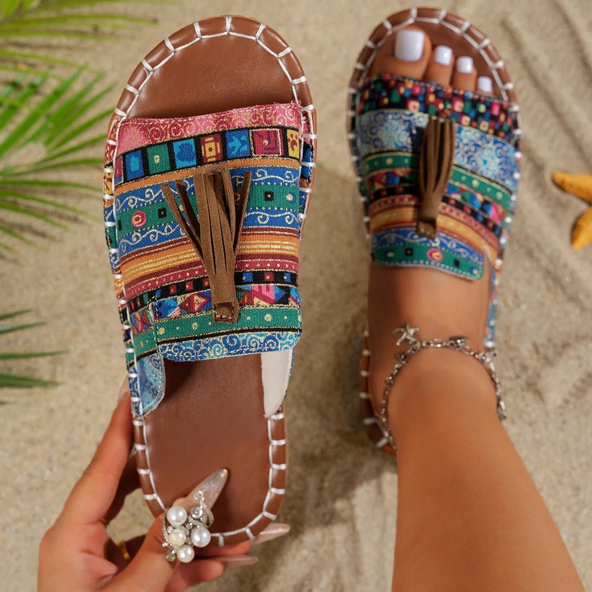 FBA Women's Mixed Color Low Heel Beach Slides | Plus Size Sandals